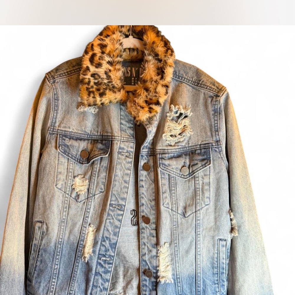 Women's Distressed Denim Jacket with Faux Fur Collar